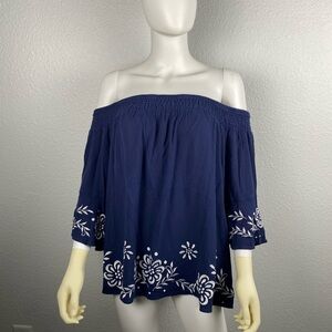 Torrid Top Women's off the shoulder navy Sz 2X (18-20)embroidered peasant blouse